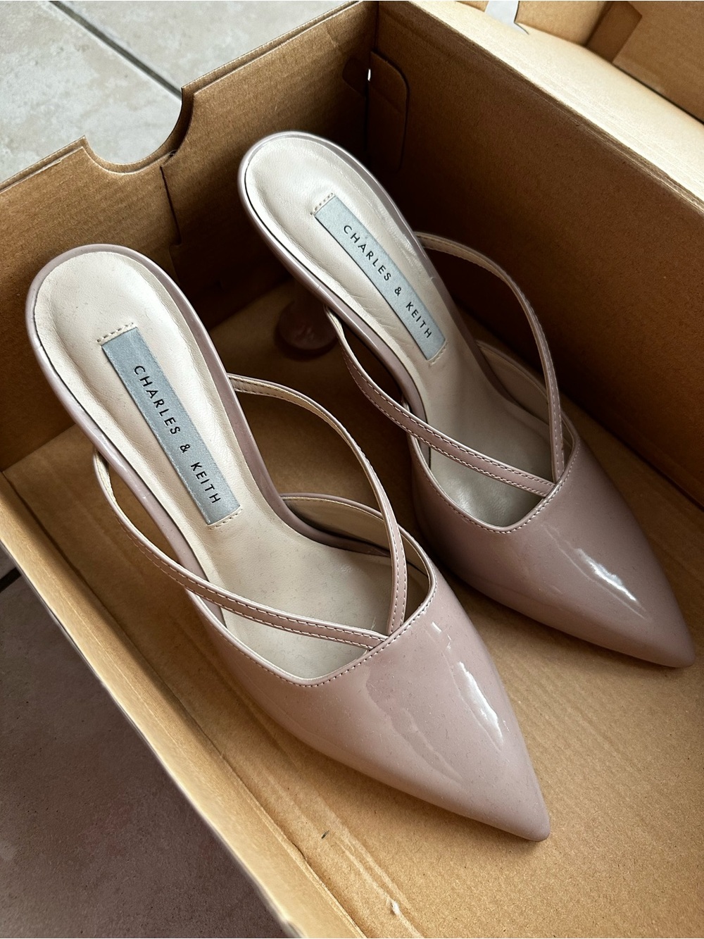 Charles & Keith Women’s Nude Pink Patent Pointed Slingback Pumps